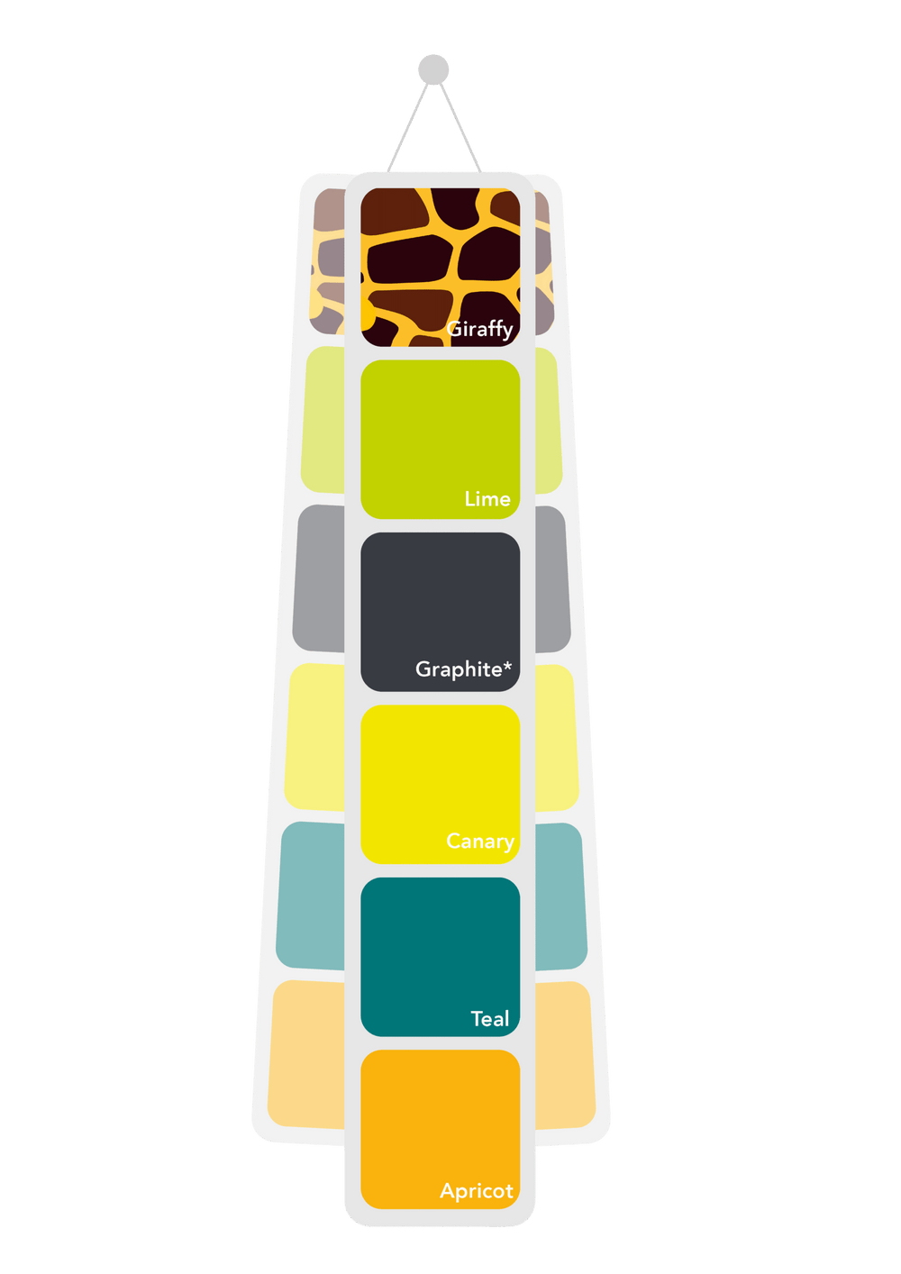 A vertical wall-mounted color chart featuring labeled color blocks and animal print samples, including Giraffe, Lime, Graphite, Canary, Teal, and Apricot, on a plain white background.