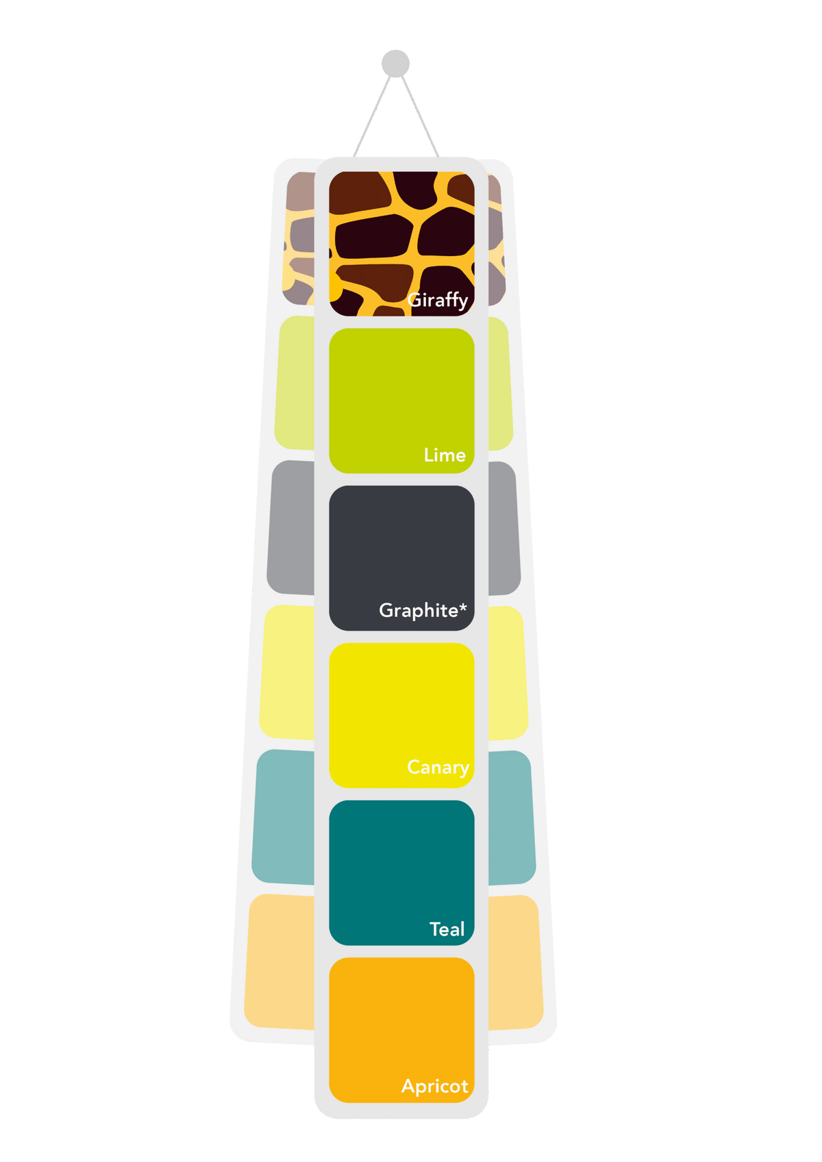A vertical wall-mounted color chart featuring labeled color blocks and animal print samples, including Giraffe, Lime, Graphite, Canary, Teal, and Apricot, on a plain white background.