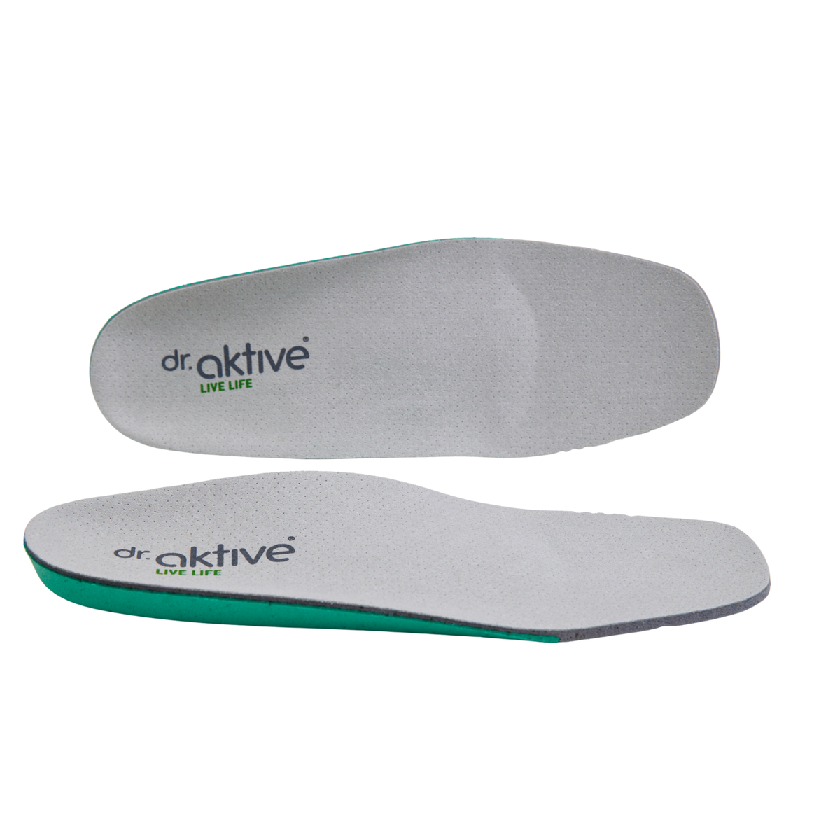 Two gray orthopedic shoe insoles shown on a white background, with the brand name 'dr. aktive' printed on the top surface and a green side edge.