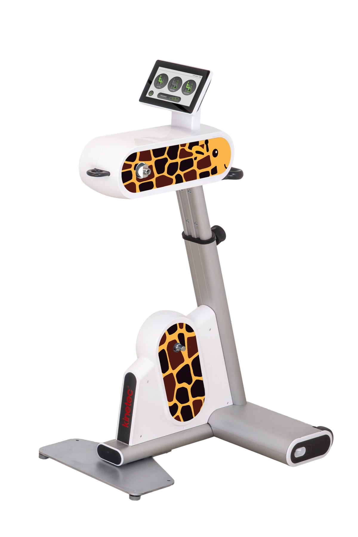 A modern digital step-and-count exercise machine with a white and silver frame, featuring giraffe-print accents on the handlebar and footplate, and an integrated digital display screen.