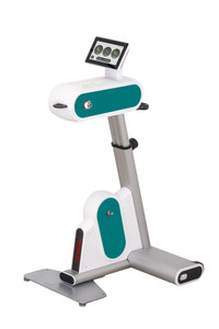 A modern electronic exercise machine with a white and teal color scheme, featuring a digital display screen on a silver metal frame.