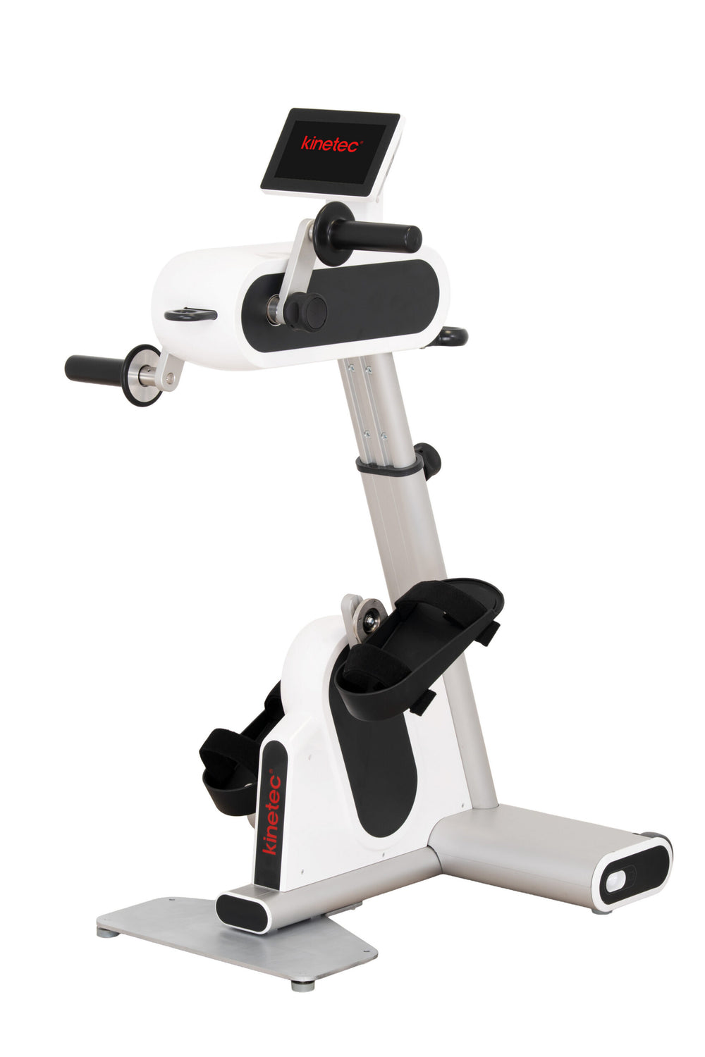 A white and silver Kinoteck indoor exercise bike with black accents, featuring a digital display screen and adjustable seat, isolated on a white background.