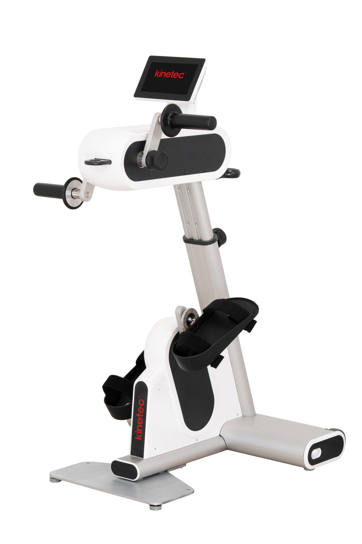 A white and silver Kinoteck indoor exercise bike with black accents, featuring a digital display screen and adjustable seat, isolated on a white background.