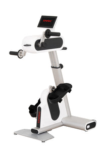 A white and silver Kinoteck indoor exercise bike with black accents, featuring a digital display screen and adjustable seat, isolated on a white background.
