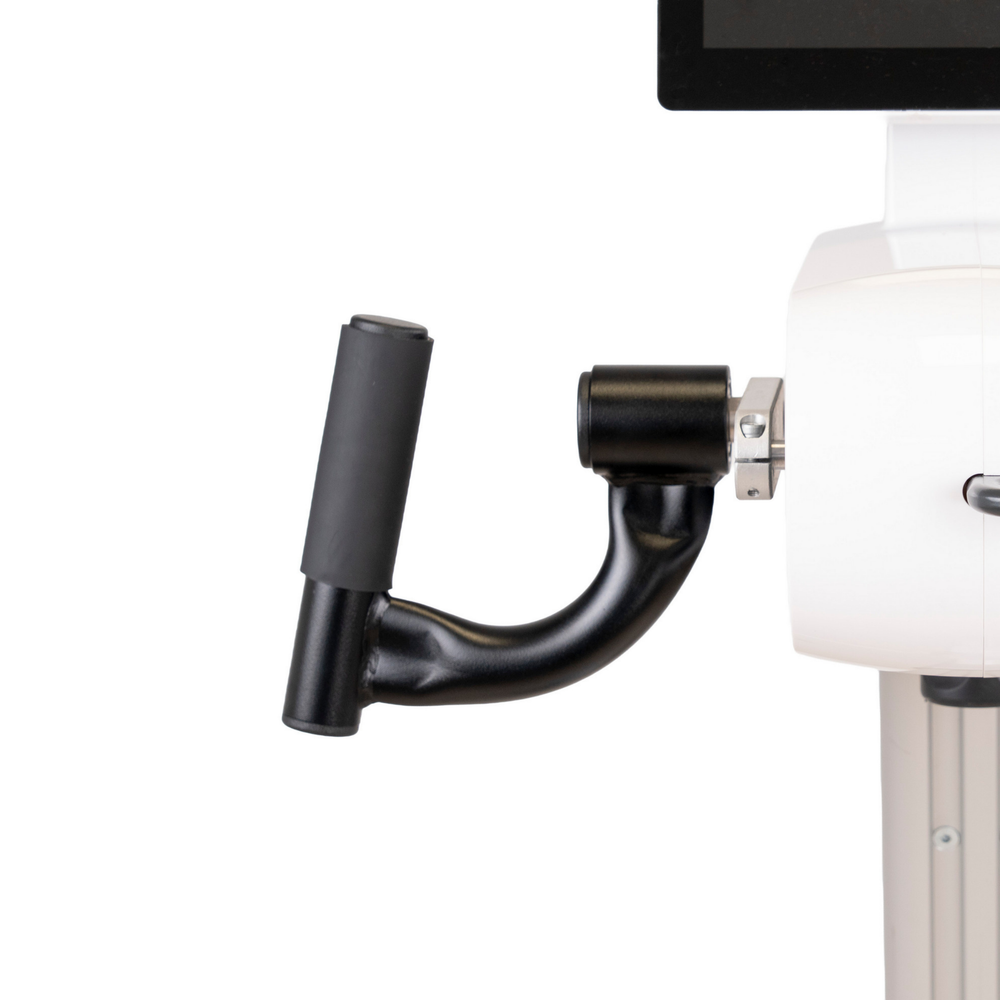 Close-up of a black curved handlebar-style grip mounted to a white cylindrical equipment housing, shown against a plain white background.