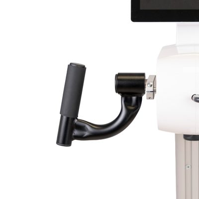 Close-up of a black curved handlebar-style grip mounted to a white cylindrical equipment housing, shown against a plain white background.